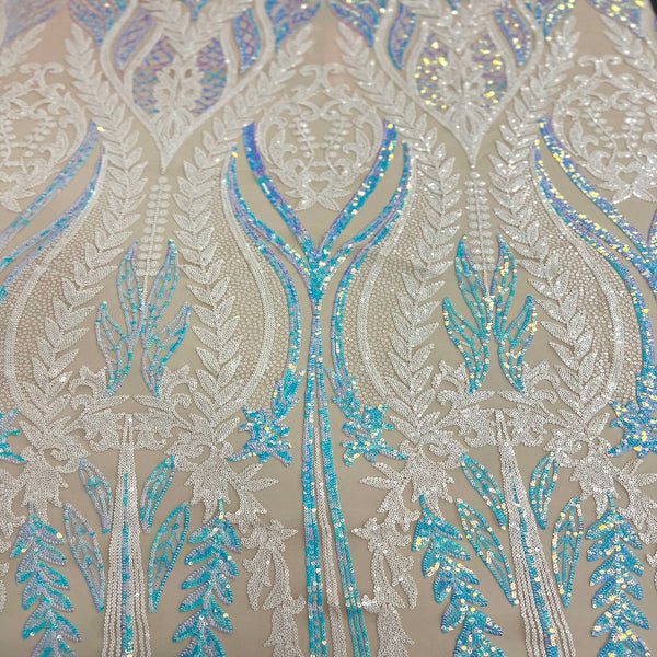 Pearl Blue Iridescent | White Alina Damask Sequins Lace Fabric