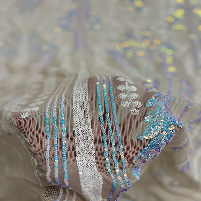 Pearl Blue Iridescent | White Alina Damask Sequins Lace Fabric