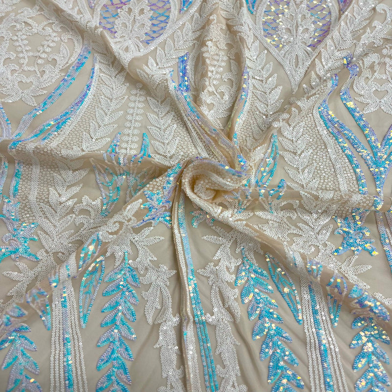 Pearl Blue Iridescent | White Alina Damask Sequins Lace Fabric