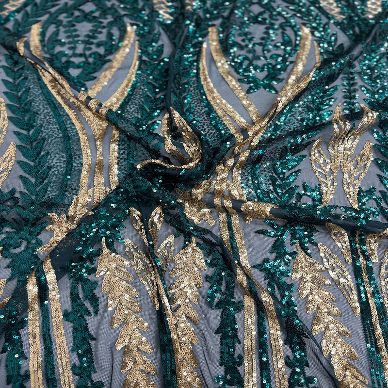 Hunter Green | Gold Alina Damask Sequins Lace Fabric