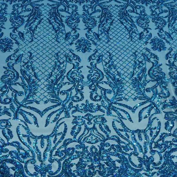 Turquoise Iridescent Luna Stretch Sequins Lace Fabric