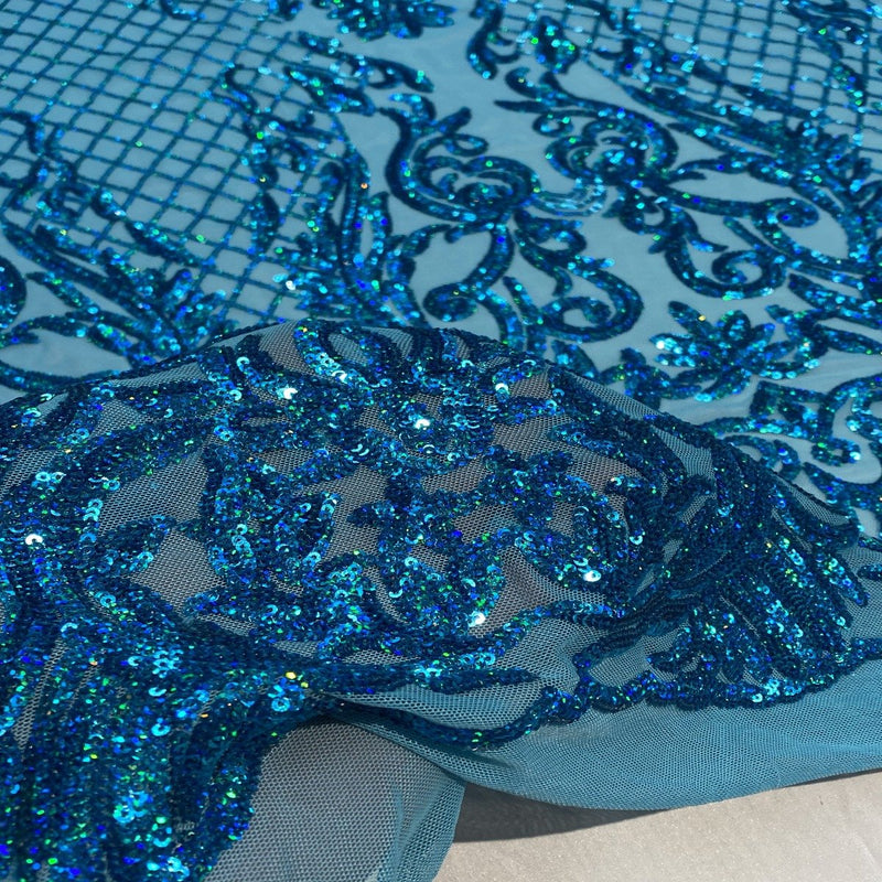 Turquoise Iridescent Luna Stretch Sequins Lace Fabric