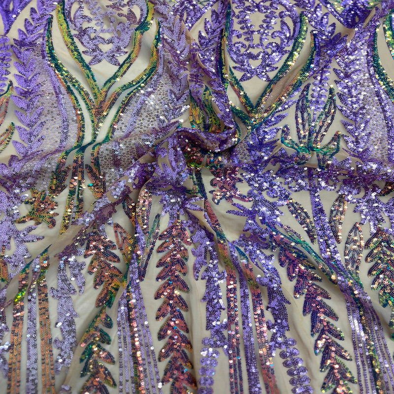 Rainbow Iridescent | Lavender Alina Damask Sequins Lace Fabric