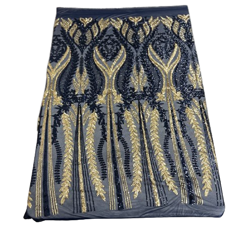 Navy Blue | Gold Alina Damask Sequins Lace Fabric