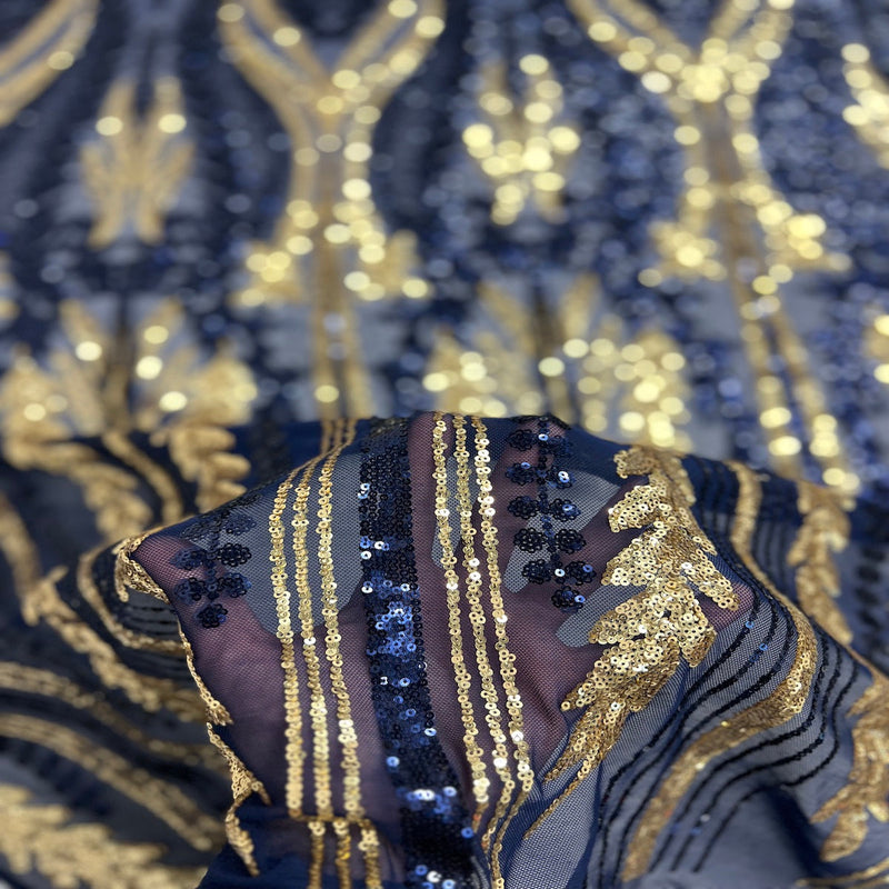 Navy Blue | Gold Alina Damask Sequins Lace Fabric