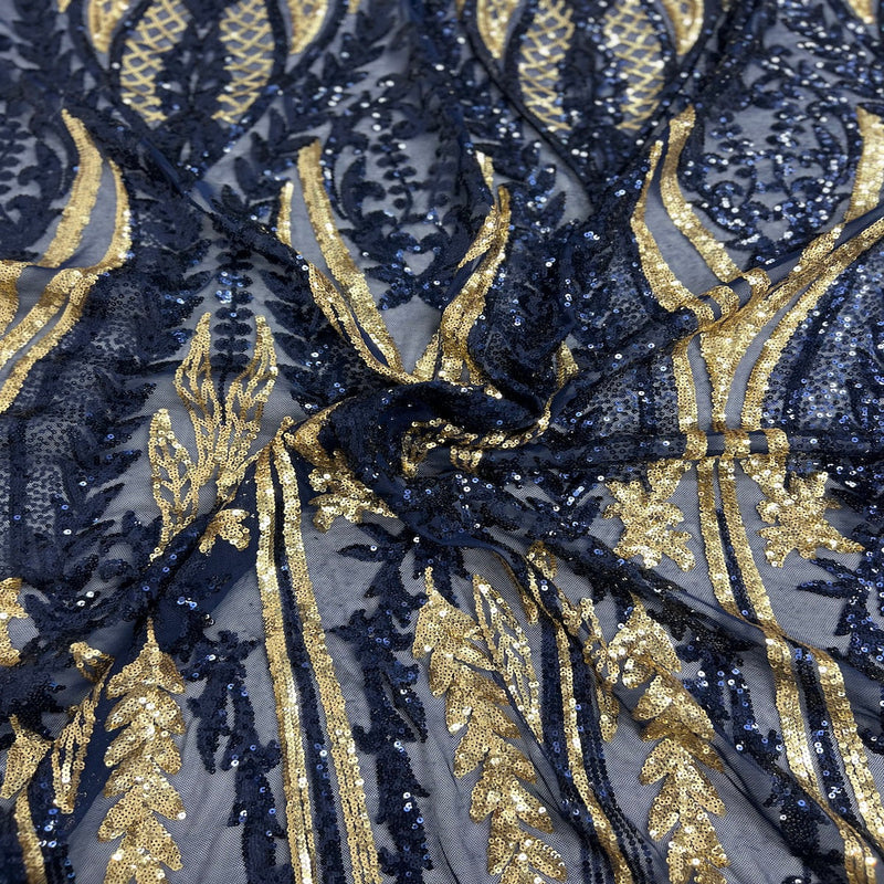 Navy Blue | Gold Alina Damask Sequins Lace Fabric