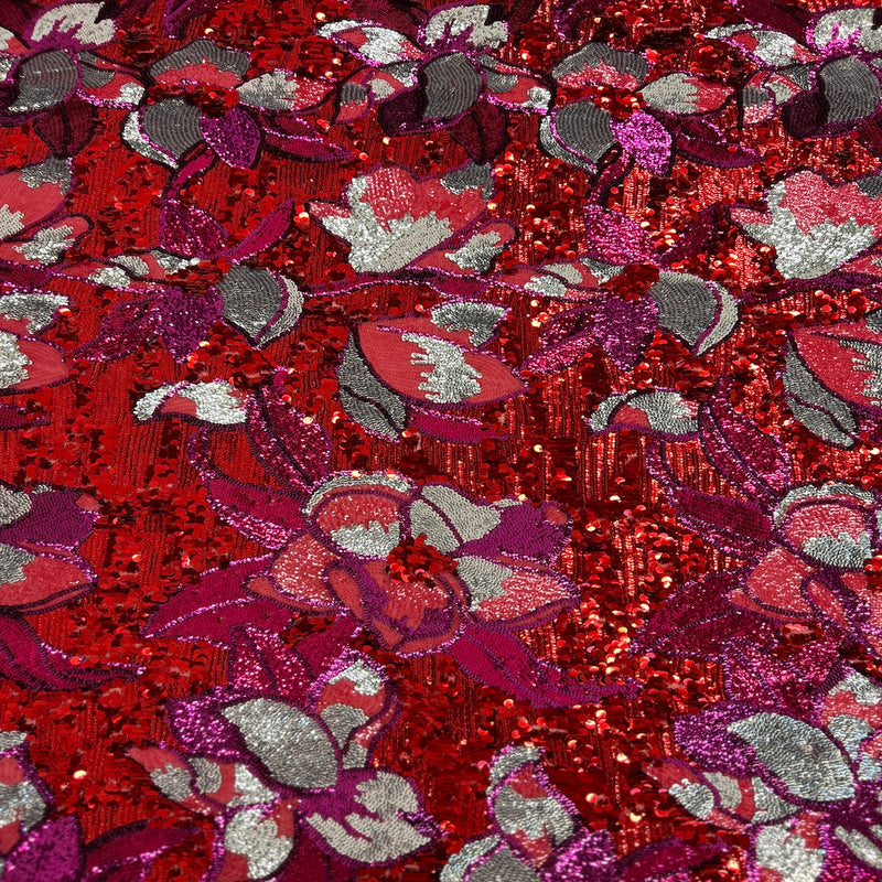 Red Giselle Multicolor Floral Sequins Fabric