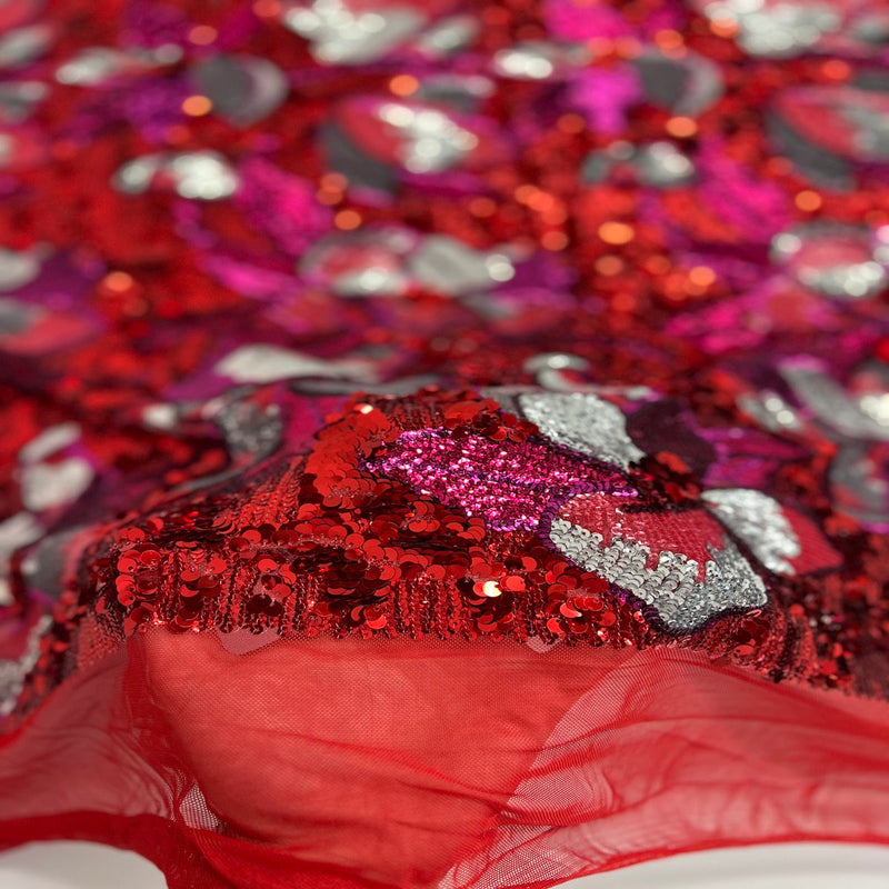 Red Giselle Multicolor Floral Sequins Fabric