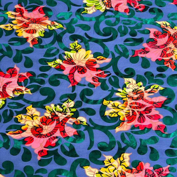 Hunter Green Bombay Multicolor Floral Burnout Stretch Velvet Fabric