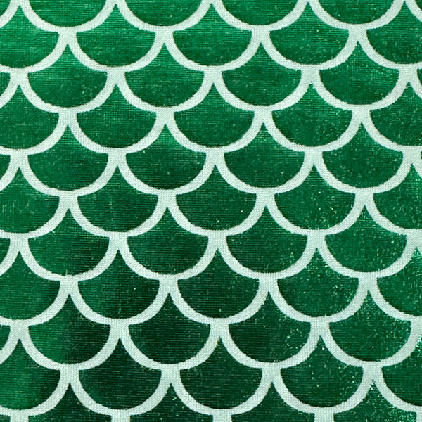 Mermaid Metallic on Jersey Polyester Bodre  Fabric Foil | Spandex Palace Green