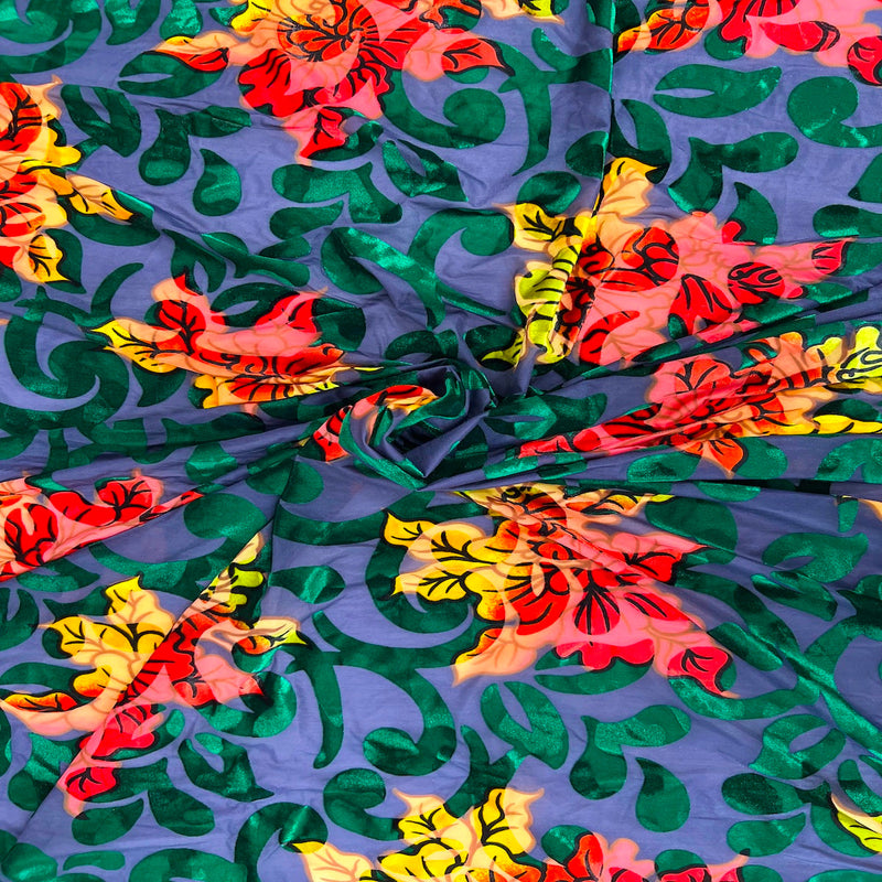 Hunter Green Bombay Multicolor Floral Burnout Stretch Velvet Fabric