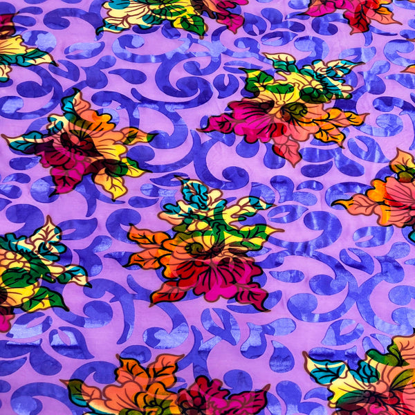 Lavender Bombay Multicolor Floral Burnout Stretch Velvet Fabric