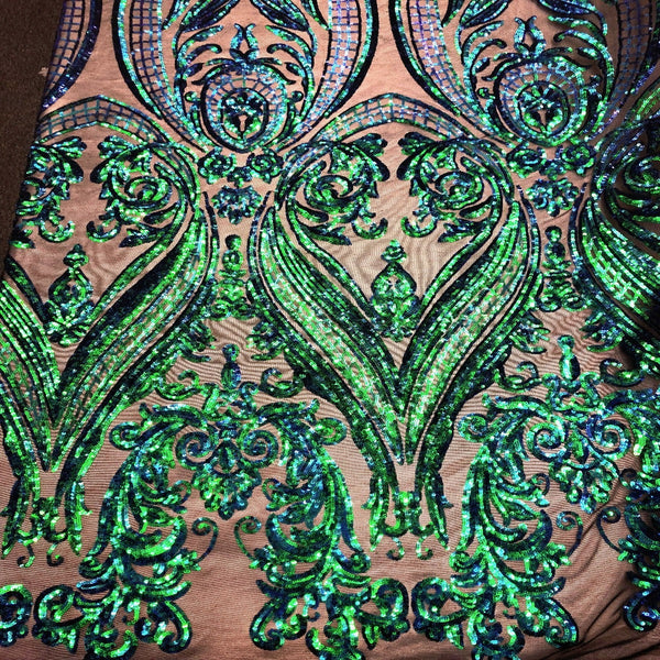 Green Iridescent | Black Mesh Catina Sequins Lace Fabric