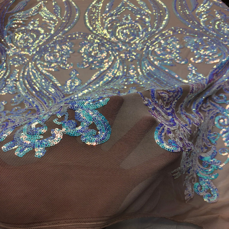 Pearl Blue Iridescent | Nude Mesh Catina Sequins Lace Fabric