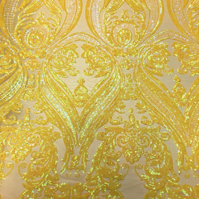 Yellow Iridescent | Yellow Mesh Catina Sequins Lace Fabric