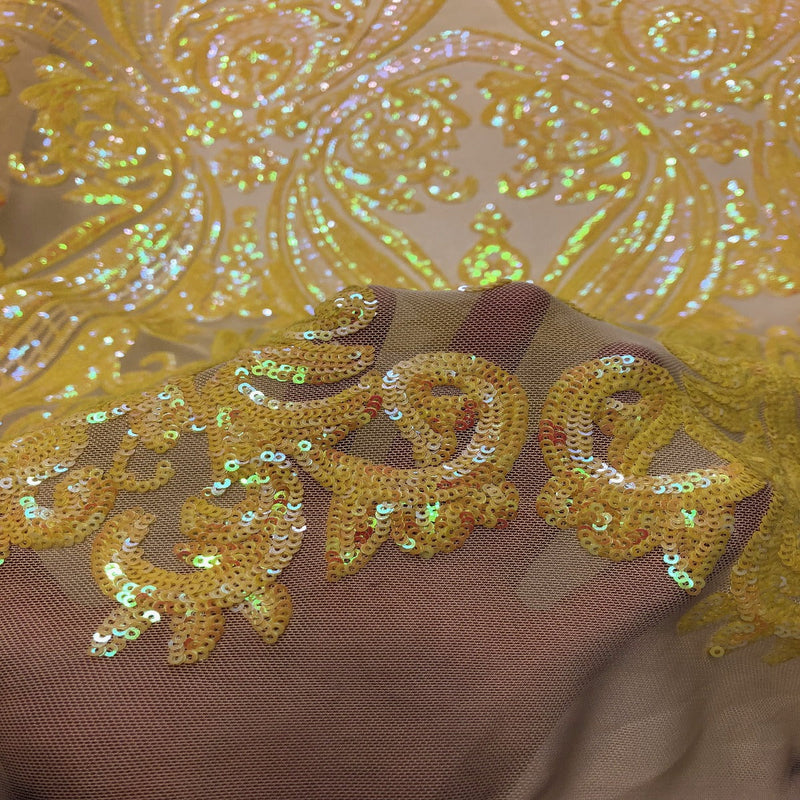 Yellow Iridescent | Yellow Mesh Catina Sequins Lace Fabric