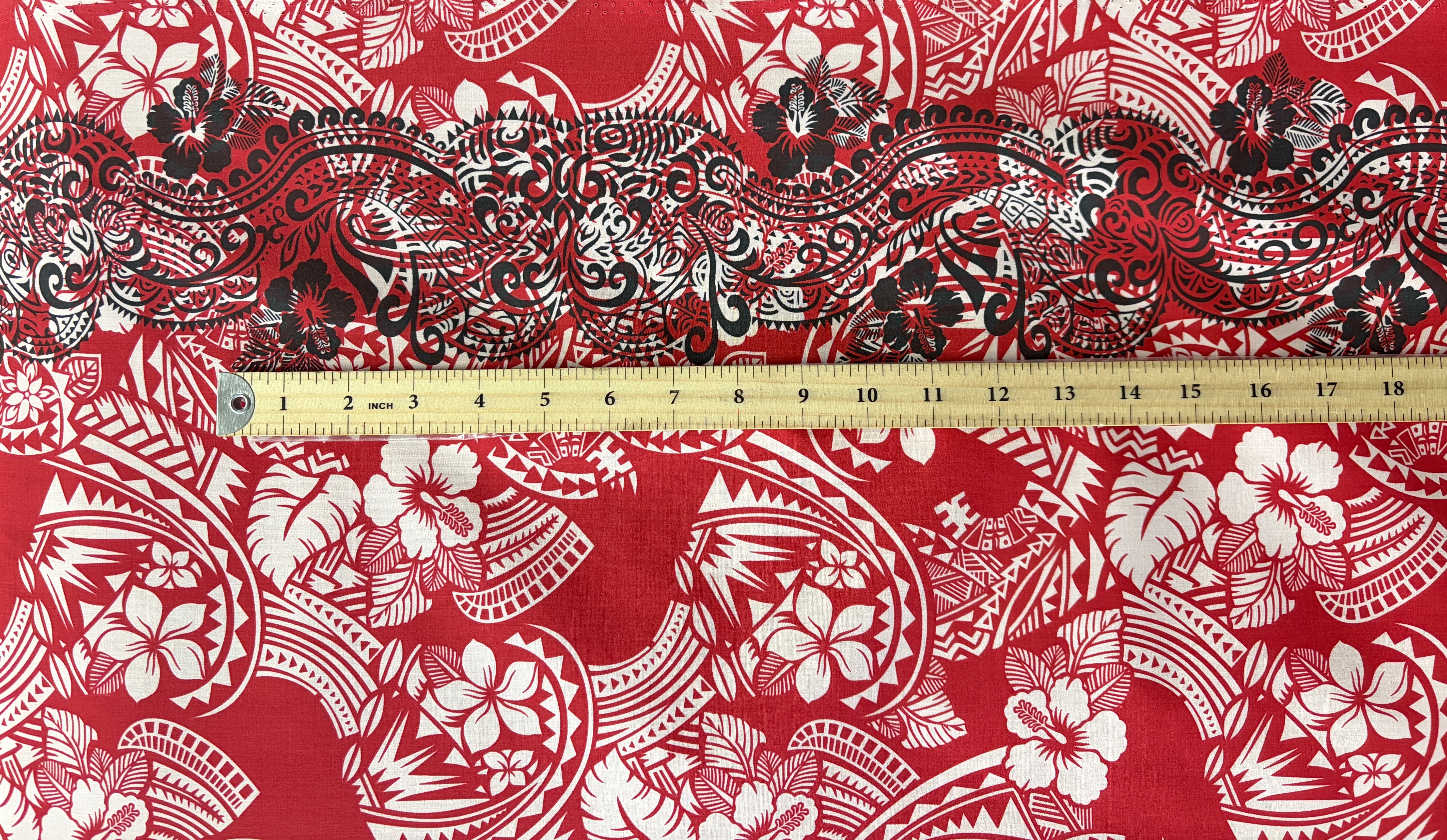 Polynesian Hibiscus & Plumeria Flowers Traditional Tattoo Single Border Poly-Cotton Fabric | Islands Fabric