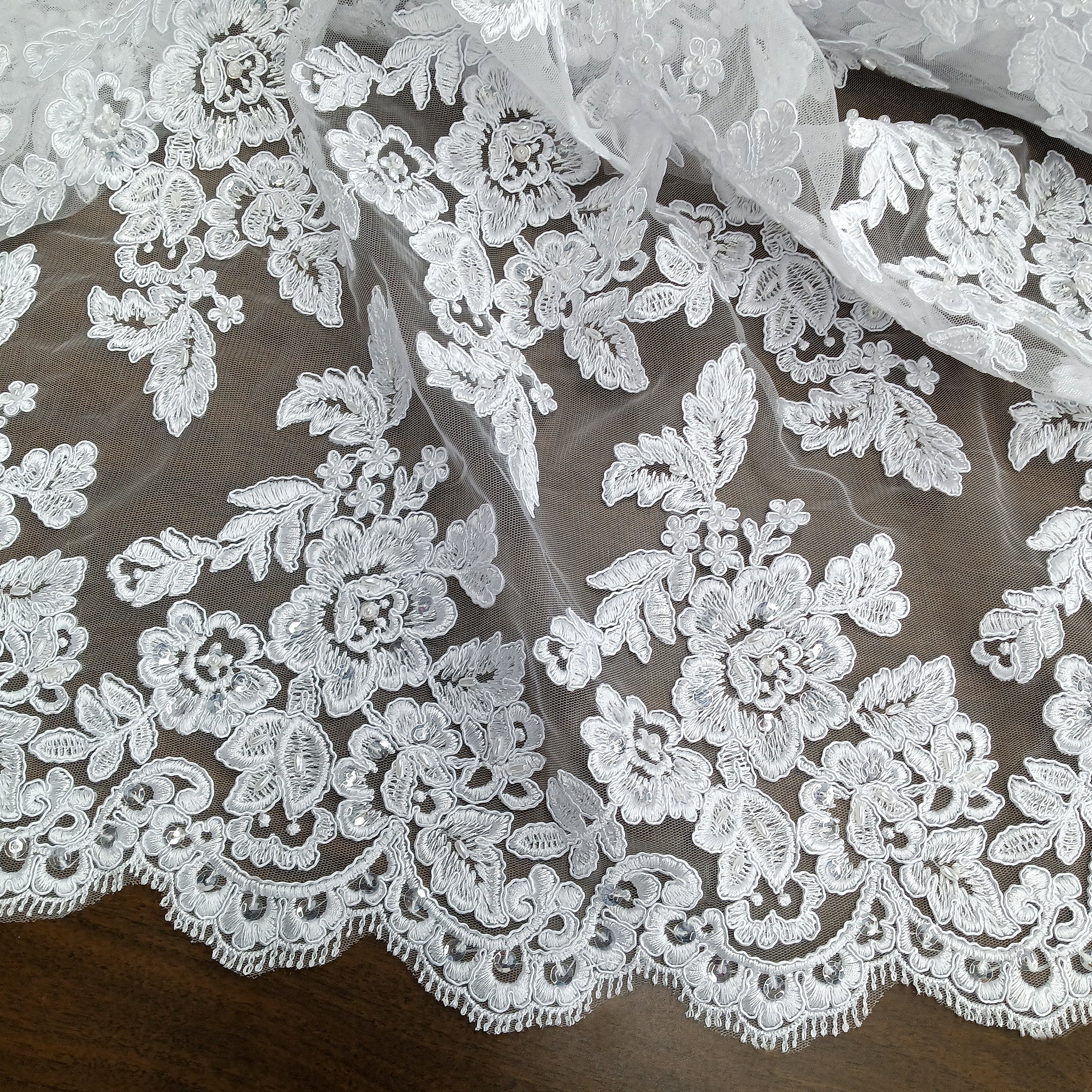 Beaded & Corded Bridal Lace Fabric Embroidered on 100% Polyester Net Mesh | Lace USA - 95409W-BP
