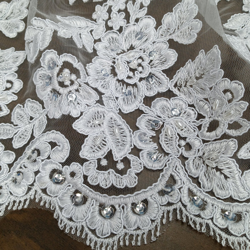 Beaded & Corded Bridal Lace Fabric Embroidered on 100% Polyester Net Mesh | Lace USA - 95409W-BP