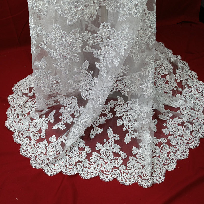 Beaded & Corded Bridal Lace Fabric Embroidered on 100% Polyester Net Mesh | Lace USA - 95409W-BP