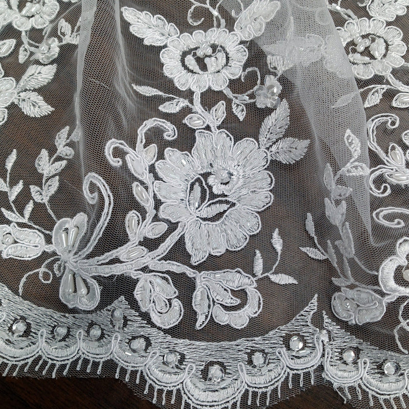 Beaded & Corded Bridal Lace Fabric Embroidered on 100% Polyester Net Mesh | Lace USA - 96529W-BP