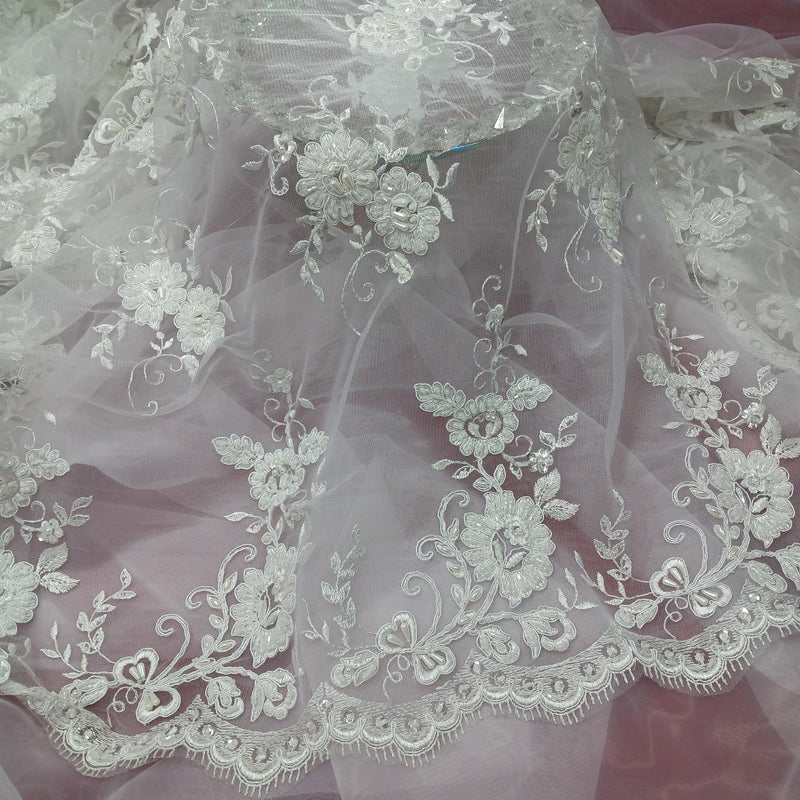 Beaded & Corded Bridal Lace Fabric Embroidered on 100% Polyester Net Mesh | Lace USA - 96529W-BP