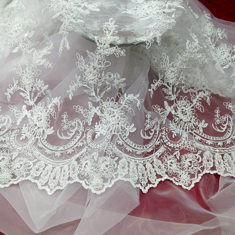 Beaded & Corded Bridal Fabric Lace Embroidered on 100% Polyester Net Mesh | Lace USA - 96979W-HB