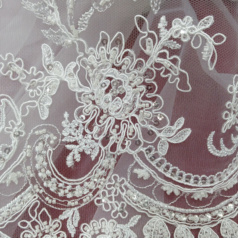 Beaded & Corded Bridal Fabric Lace Embroidered on 100% Polyester Net Mesh | Lace USA - 96979W-HB