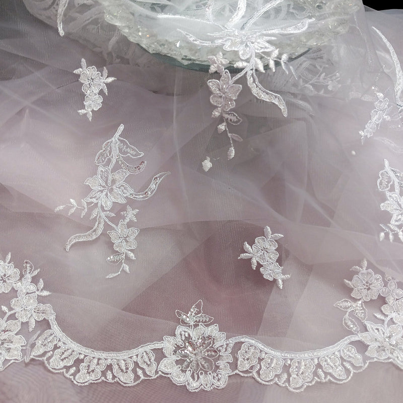 Beaded & Corded Bridal Lace Fabric Embroidered on 100% Polyester Net Mesh | Lace USA - 97130W-HB