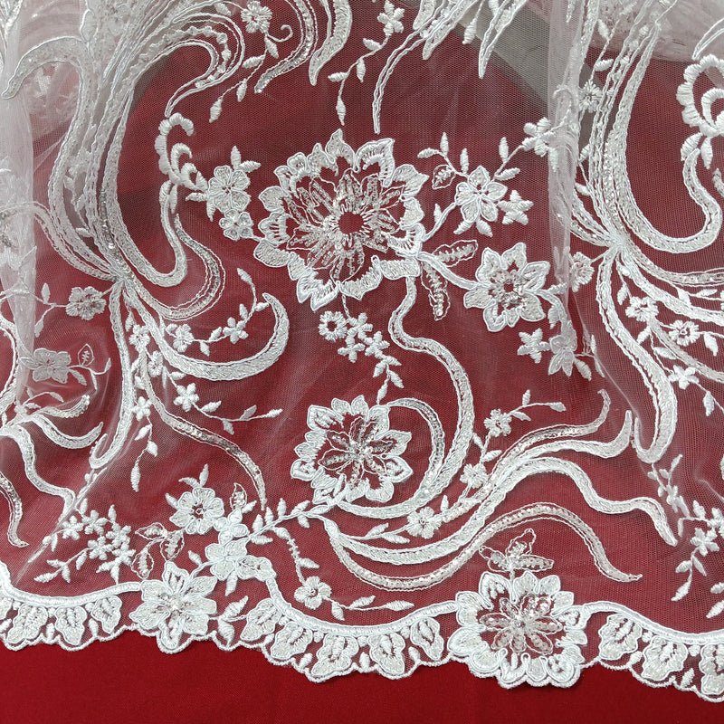 Beaded & Corded Bridal Lace Fabric Embroidered on 100% Polyester Net Mesh | Lace USA - 97130W-HB