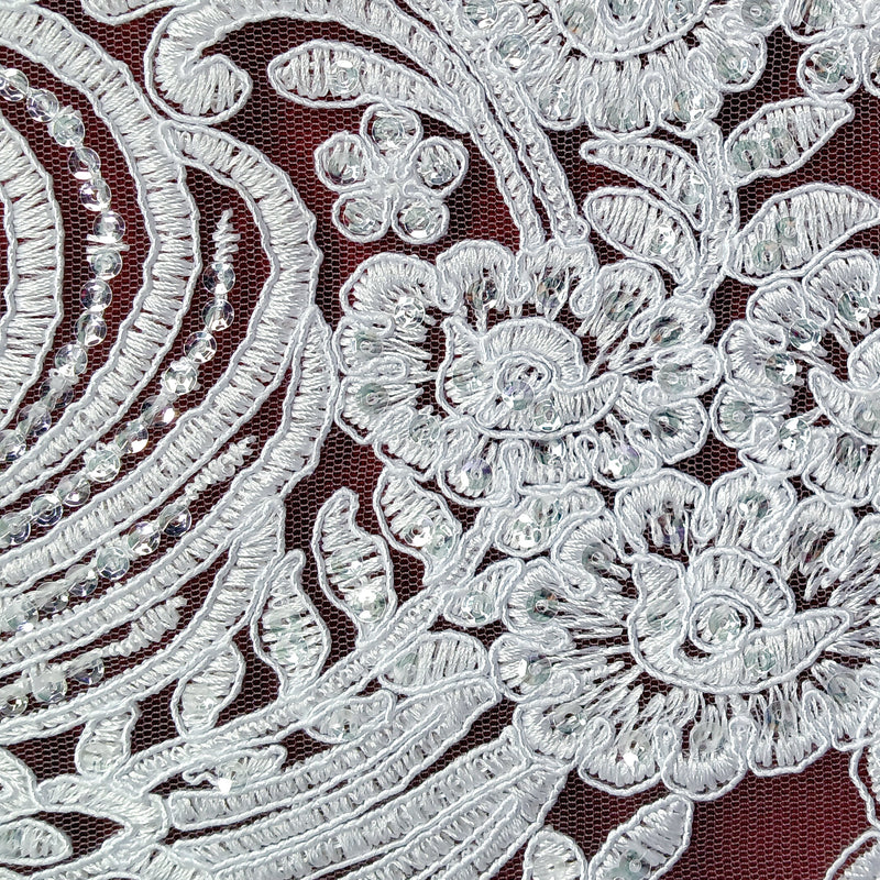 Beaded & Corded Bridal Lace Fabric Embroidered on 100% Polyester Net Mesh | Lace USA - 97141W-SB