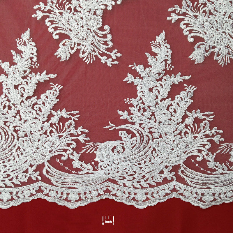 Beaded & Corded Bridal Lace Fabric Embroidered on 100% Polyester Net Mesh | Lace USA - 97141W-SB