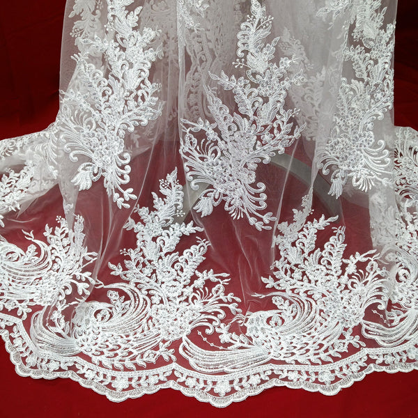 Beaded & Corded Bridal Lace Fabric Embroidered on 100% Polyester Net Mesh | Lace USA - 97141W-SB