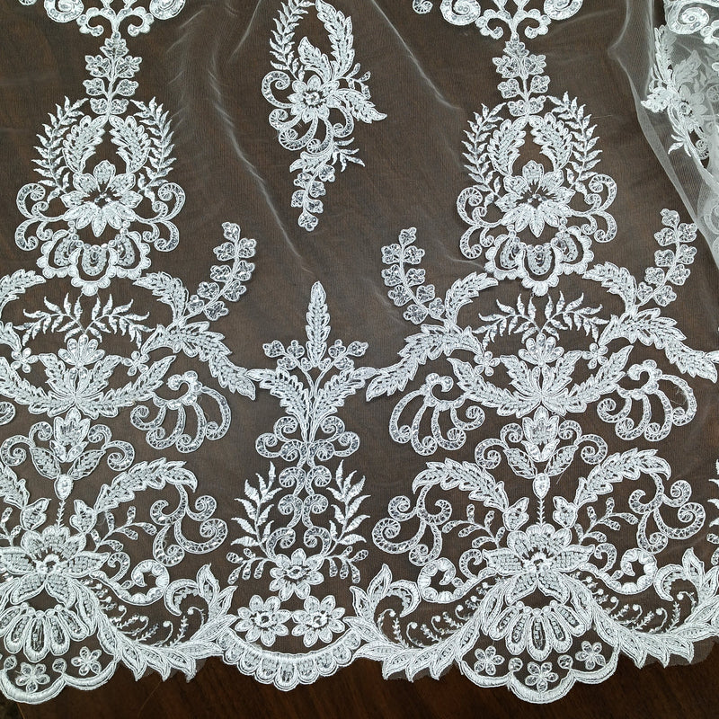 Beaded & Corded Bridal Lace Fabric Embroidered on 100% Polyester Net Mesh | Lace USA - GD-55518