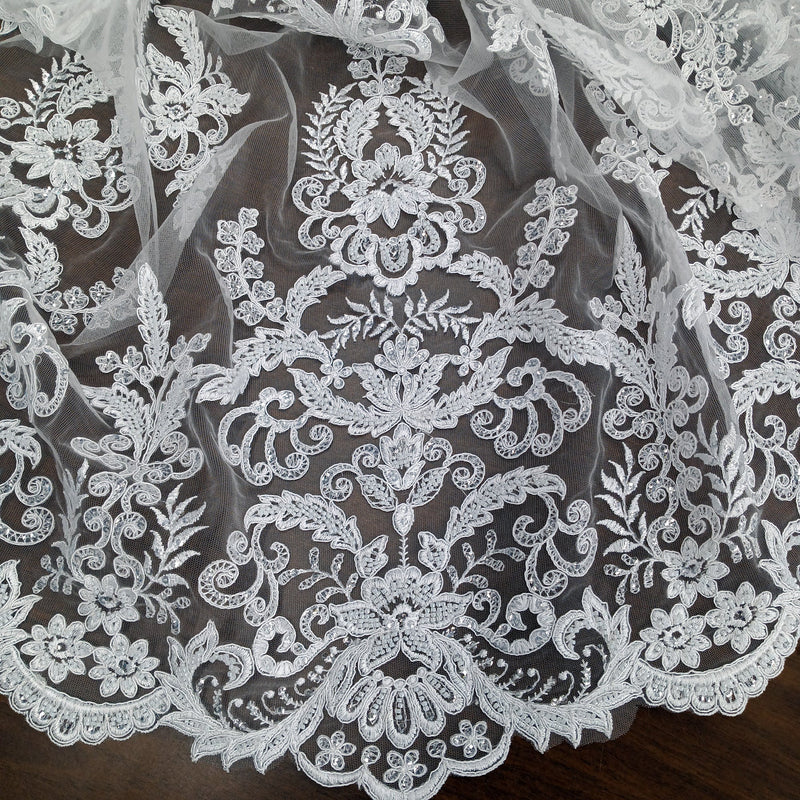 Beaded & Corded Bridal Lace Fabric Embroidered on 100% Polyester Net Mesh | Lace USA - GD-55518