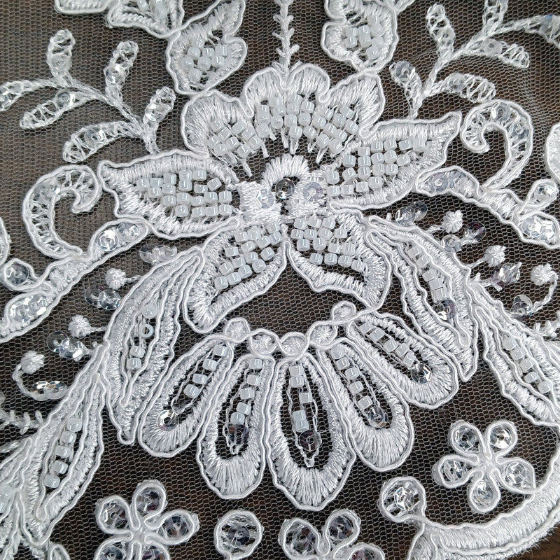 Beaded & Corded Bridal Lace Fabric Embroidered on 100% Polyester Net Mesh | Lace USA - GD-55518