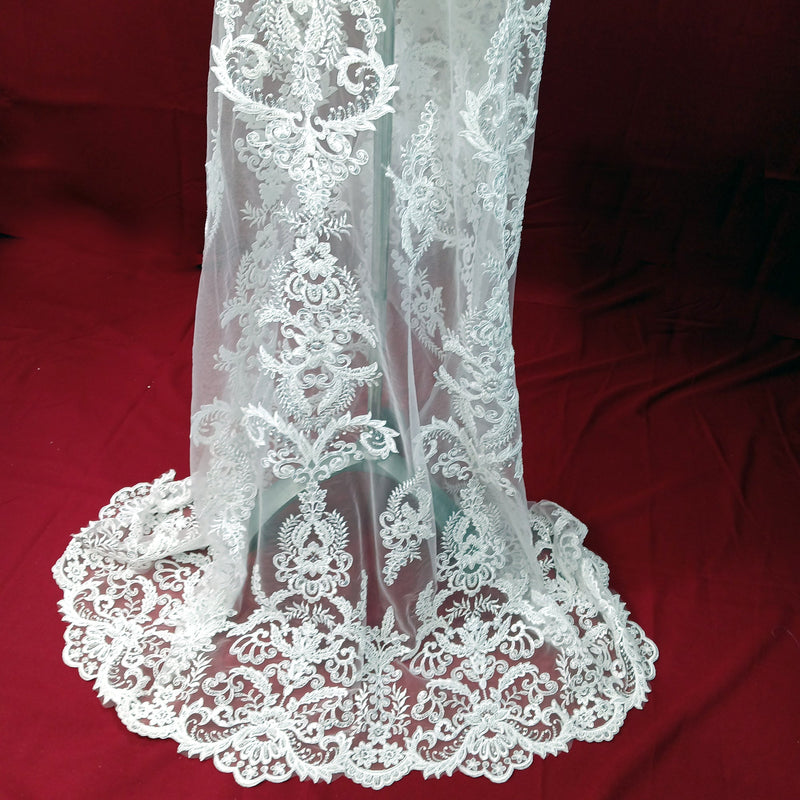 Beaded & Corded Bridal Lace Fabric Embroidered on 100% Polyester Net Mesh | Lace USA - GD-55518