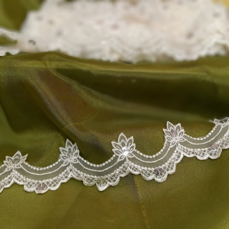 Beaded Lace Trimming Embroidered on 100% Polyester Organza | Lace USA - KZ-22