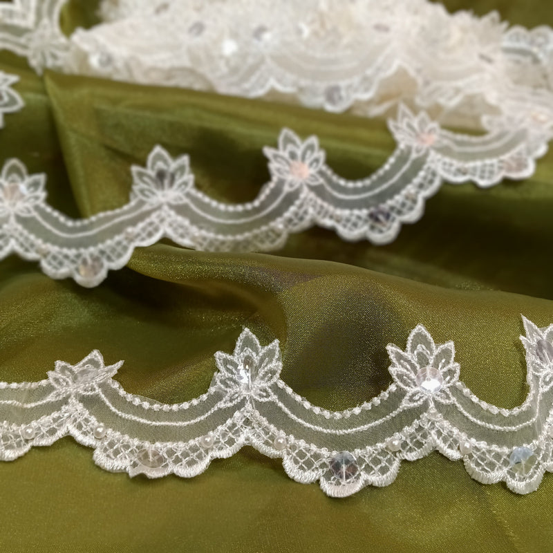 Beaded Lace Trimming Embroidered on 100% Polyester Organza | Lace USA - KZ-22