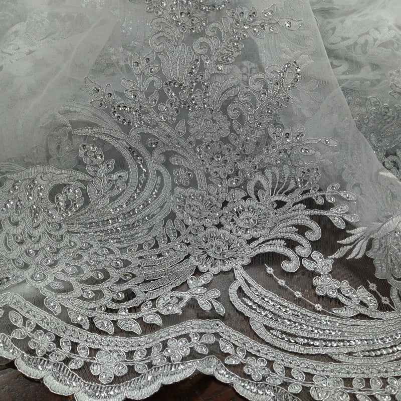 Beaded & Corded Bridal Lace Fabric Embroidered on 100% Polyester Net Mesh | Lace USA - 97141W-SB