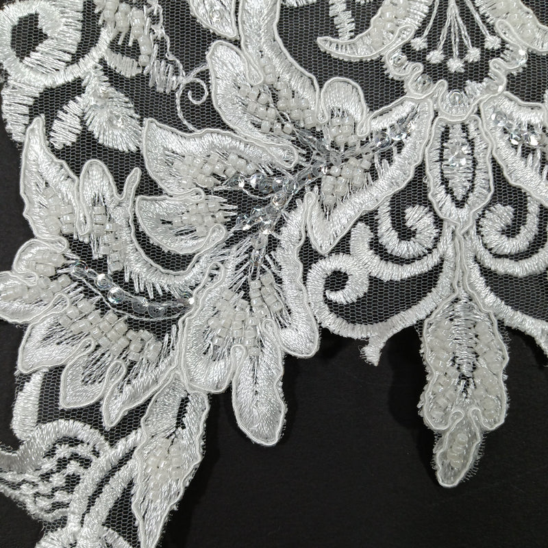 Beaded & Corded Lace Medallion Applique Embroidered on 100% Polyester Net Mesh | Lace USA - 97133W-HB