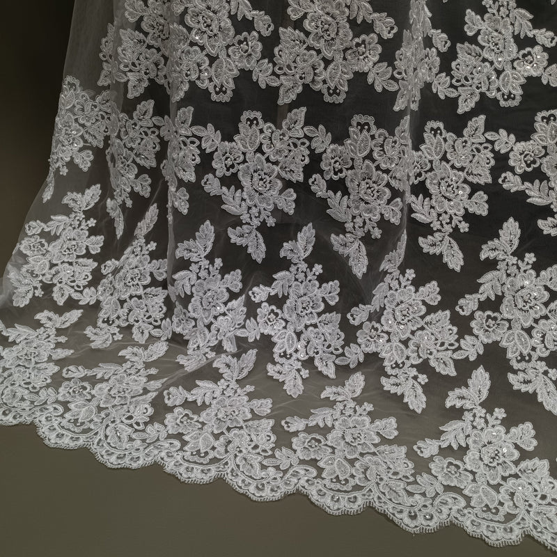 Beaded & Corded Bridal Lace Fabric Embroidered on 100% Polyester Net Mesh | Lace USA - 95409W-BP