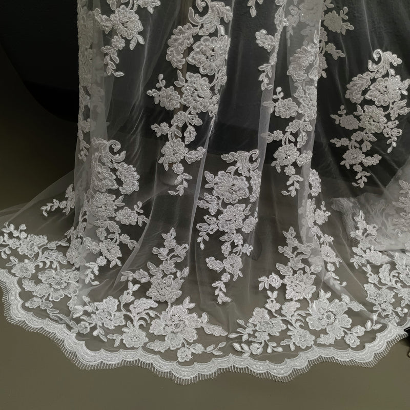 Beaded & Corded Bridal Lace Fabric Embroidered on 100% Polyester Net Mesh | Lace USA - 97145W-HB