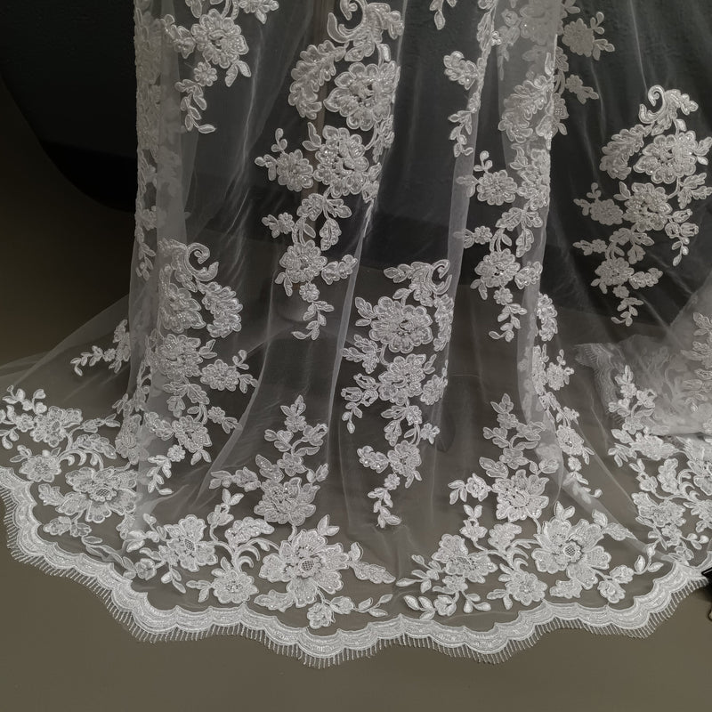 Beaded & Corded Bridal Lace Fabric Embroidered on 100% Polyester Net Mesh | Lace USA - 97145W-HB