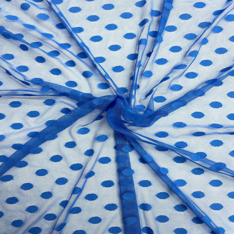 Royal Blue Flocked Polka Dot Mesh Fabric