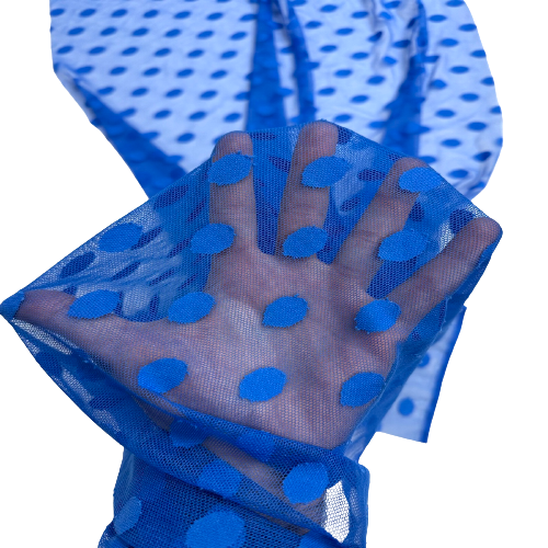 Royal Blue Flocked Polka Dot Mesh Fabric