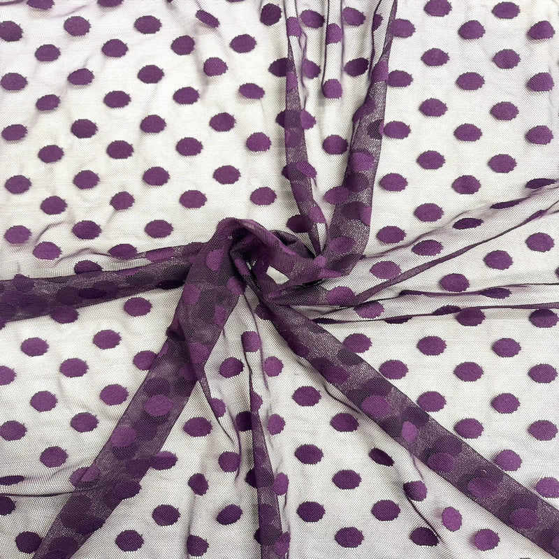 Plum Purple Flocked Polka Dot Mesh Fabric