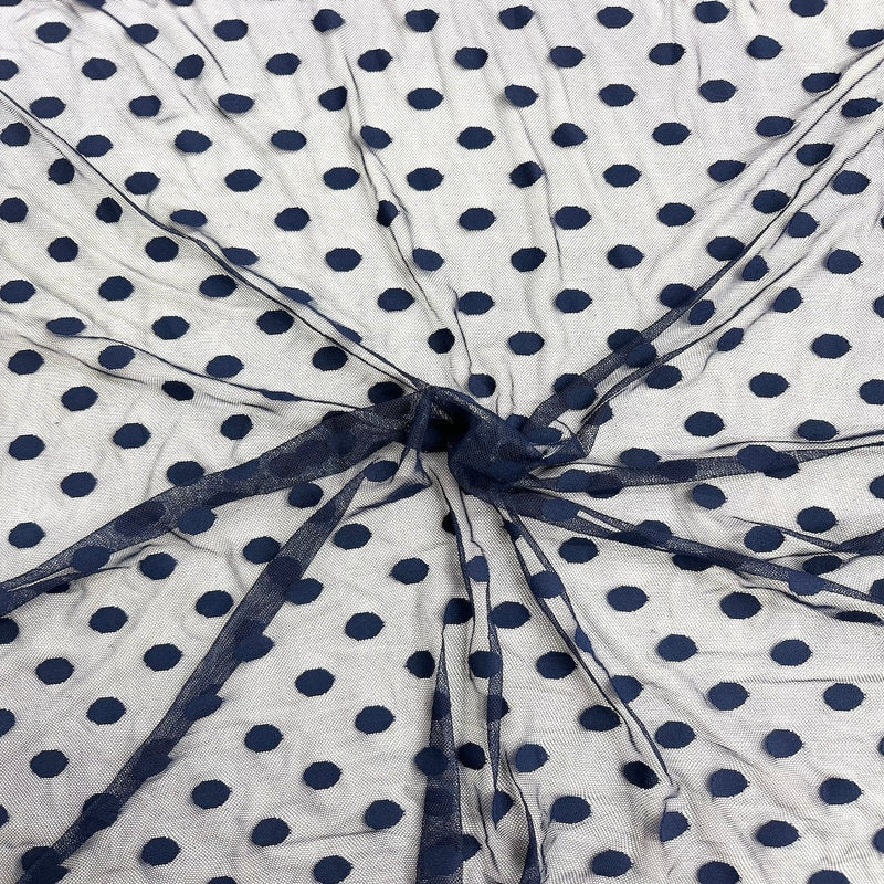 Navy Blue Flocked Polka Dot Mesh Fabric