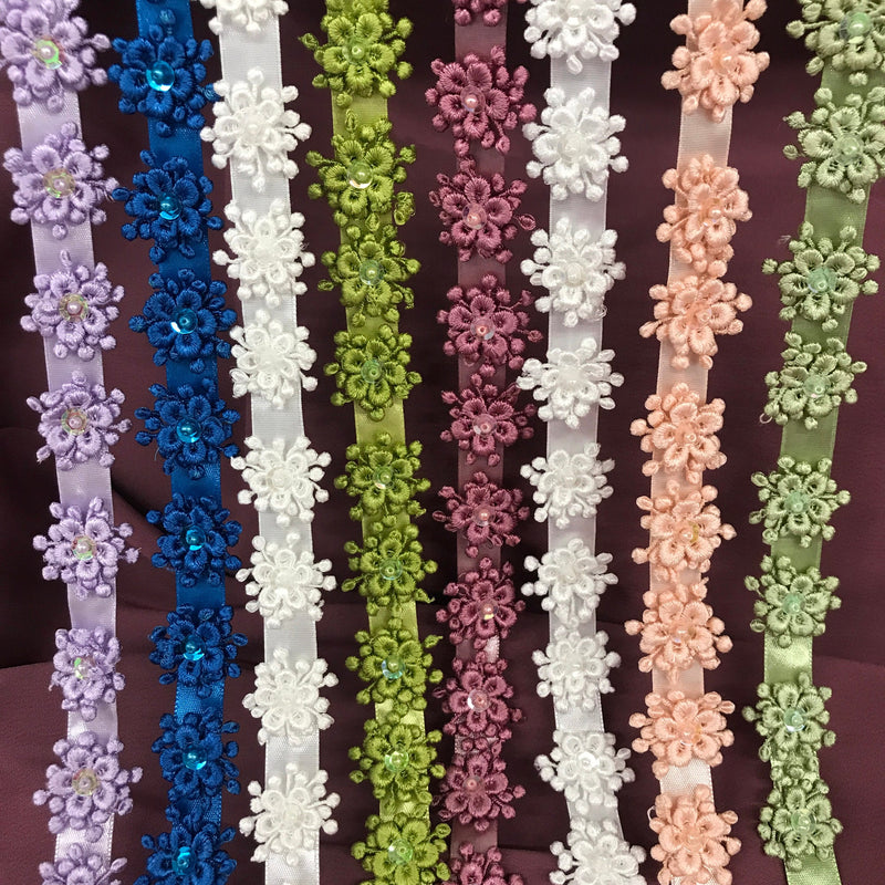 Beaded 3D Guipure Floral Lace Trimming Sewn on 100% Polyester Ribbon | Lace USA - KZ-35