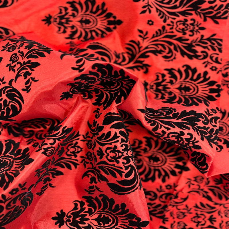 Red | Black Damask Flocking Velvet Taffeta Fabric